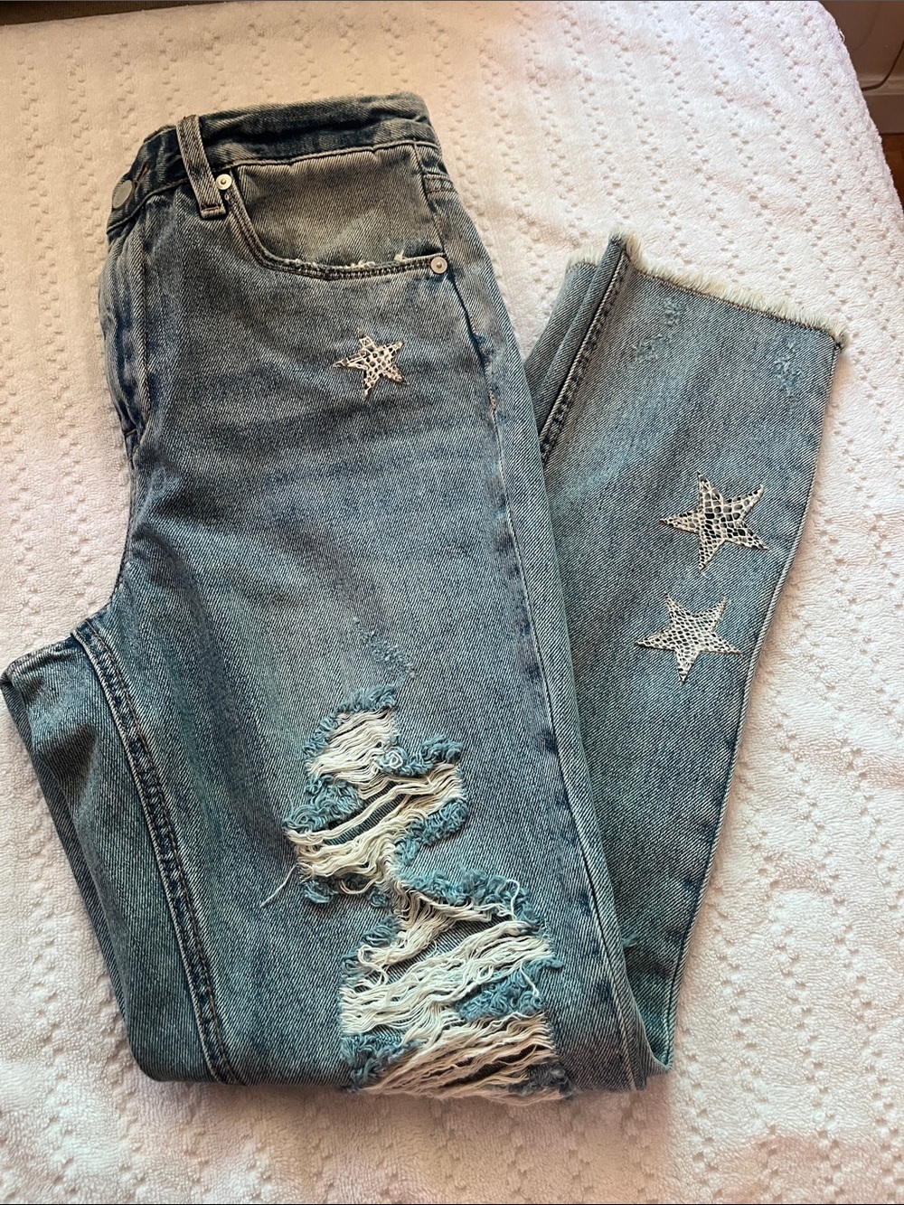 Blank NYC Medium Blue Straight-Leg Jeans with Star Appliqué
